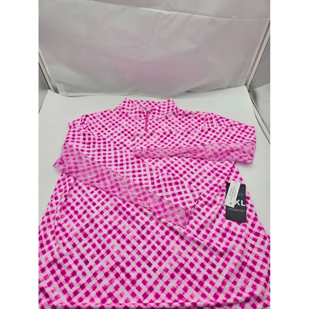IBKUL Womens Long Sleeve Top Size XXL 1/4 Zip Mock Neck Pink Gingham Golf-NWT
